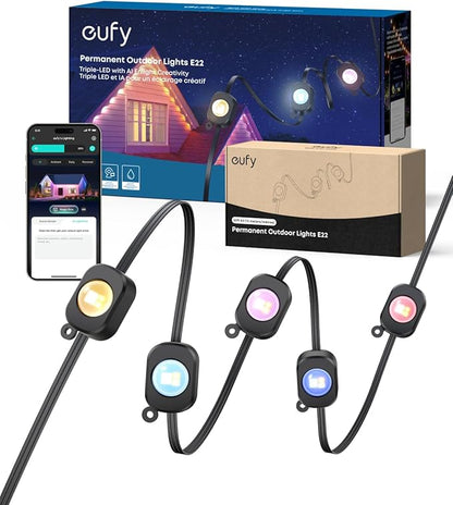 eufy Permanent Outdoor Lights E22, 150ft with 90 Triple-LED Lights, Smart RGBWW, Daily and Holiday, Up to IP67 Waterproof, AI Lighting Themes for Halloween, Christmas, Links with Cameras, Black