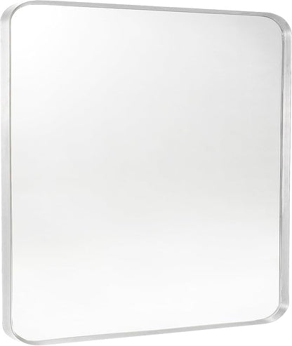 Silver Metal Framed Bathroom Mirror for Wall, Brushed Nickel Rounded Corner Rectangular Bathroom Vanity Mirror, Anti-Rust, Tempered Glass (30" x 36", Silver)