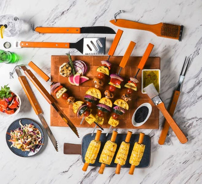 Mr. Bar-B-Q 18-Piece Deluxe Grill Tool Set, Stainless Steel BBQ Grilling Accessories, Tongs, Spatula, Fork, Brush w/Wooden Handle for Backyard Barbecue & Camping Trip, Best Grilling Gifts for Men Dad