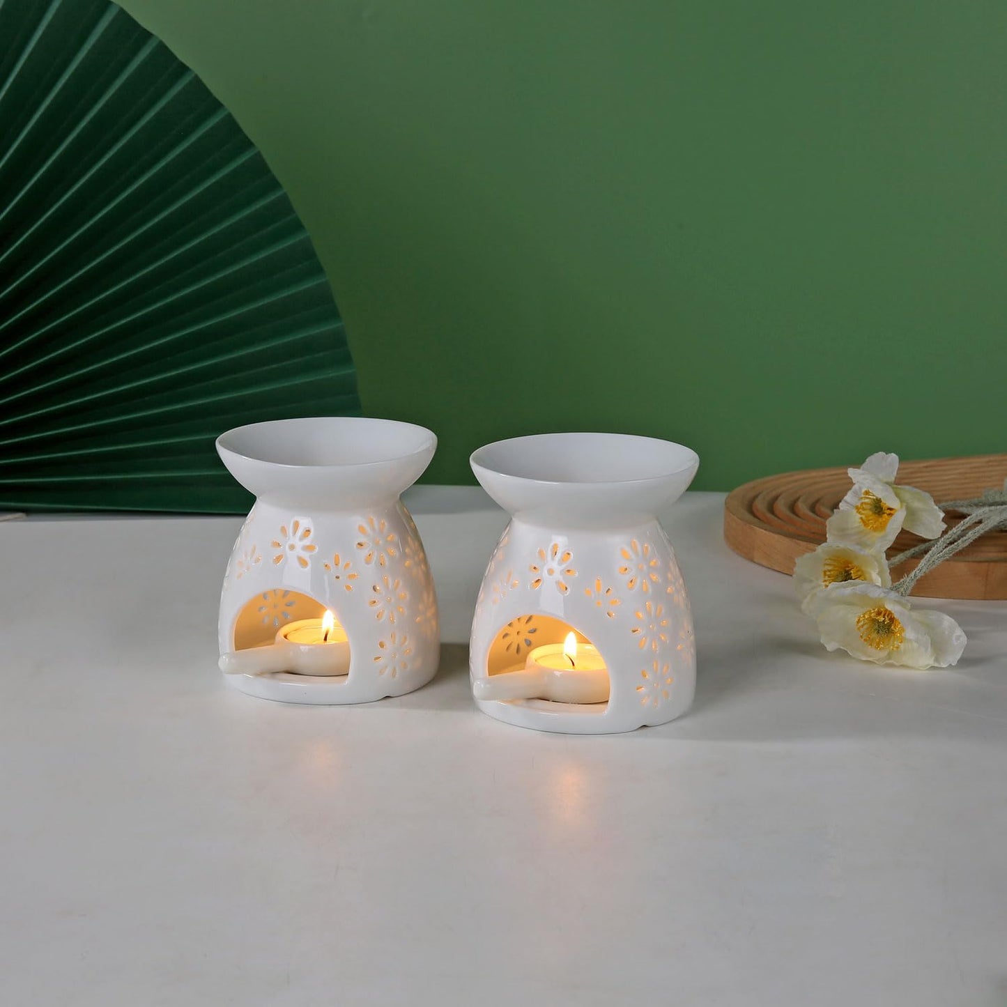 Auxmeware - Ceramic Tea Light Candle Holder Set of 2, Essential Oil Burner Wax Melt Burner, Incense Aroma Diffuser, Home Decor