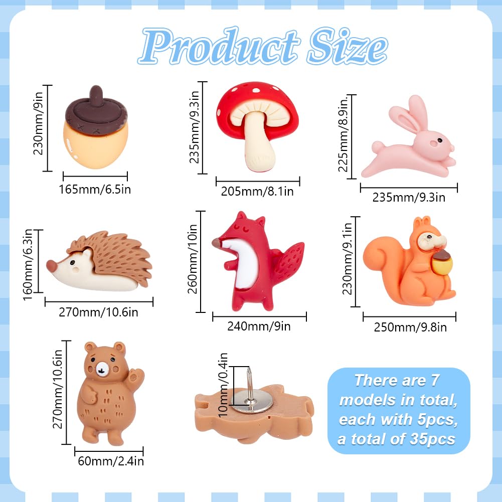 DELORIGIN 35Pcs Forest Animals Push Pins Resin Squirrel Fox Owl Mushroom Push Pins 7 Styles Cute Animals Thumb Tacks for Photo Wall Map Cork Board Bulletin Board Home Office Decorations