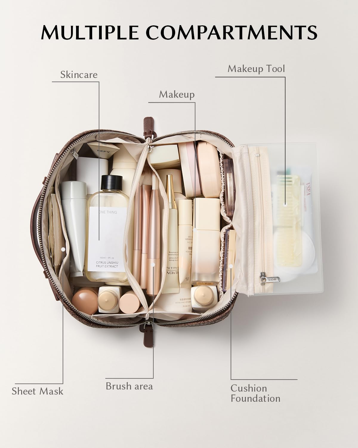 EACHY Travel Makeup Bag, Woven Travel Waterproof Toiletry Bag, Portable 180° Wide-Open Flat Cosmetic Bags for Women, Large Capacity Makeup Pouch with Divider and Handle