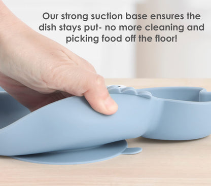 ROCCED Suction Plates for Baby, Silicone Plates with Suction Divided, Baby Spoon Fork Set for Toddler Baby Dishes Kids Utensils-Crab Dusty Blue