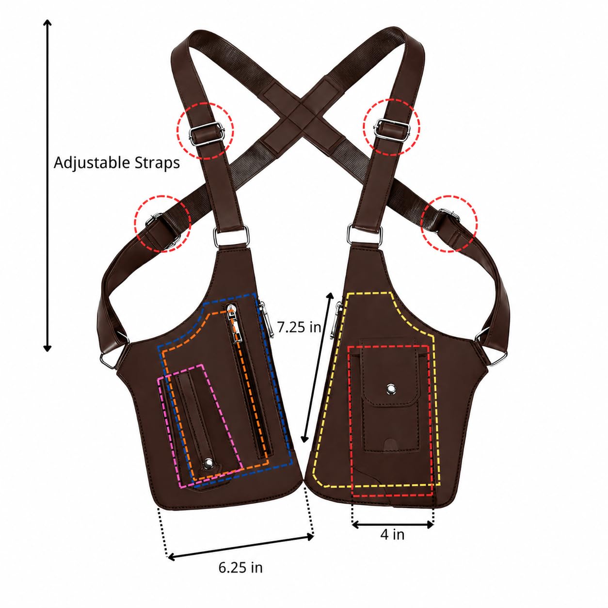 Double Shoulder Armpit Bag for Men, Anti-Theft Underarm Shoulder Bag, Adjustable Armpit Bag, Multi Pocket Crossbody EDC Bag for Travel Everyday Carry, Fits Up to 6.2" Phones (Slim Fit), Brown