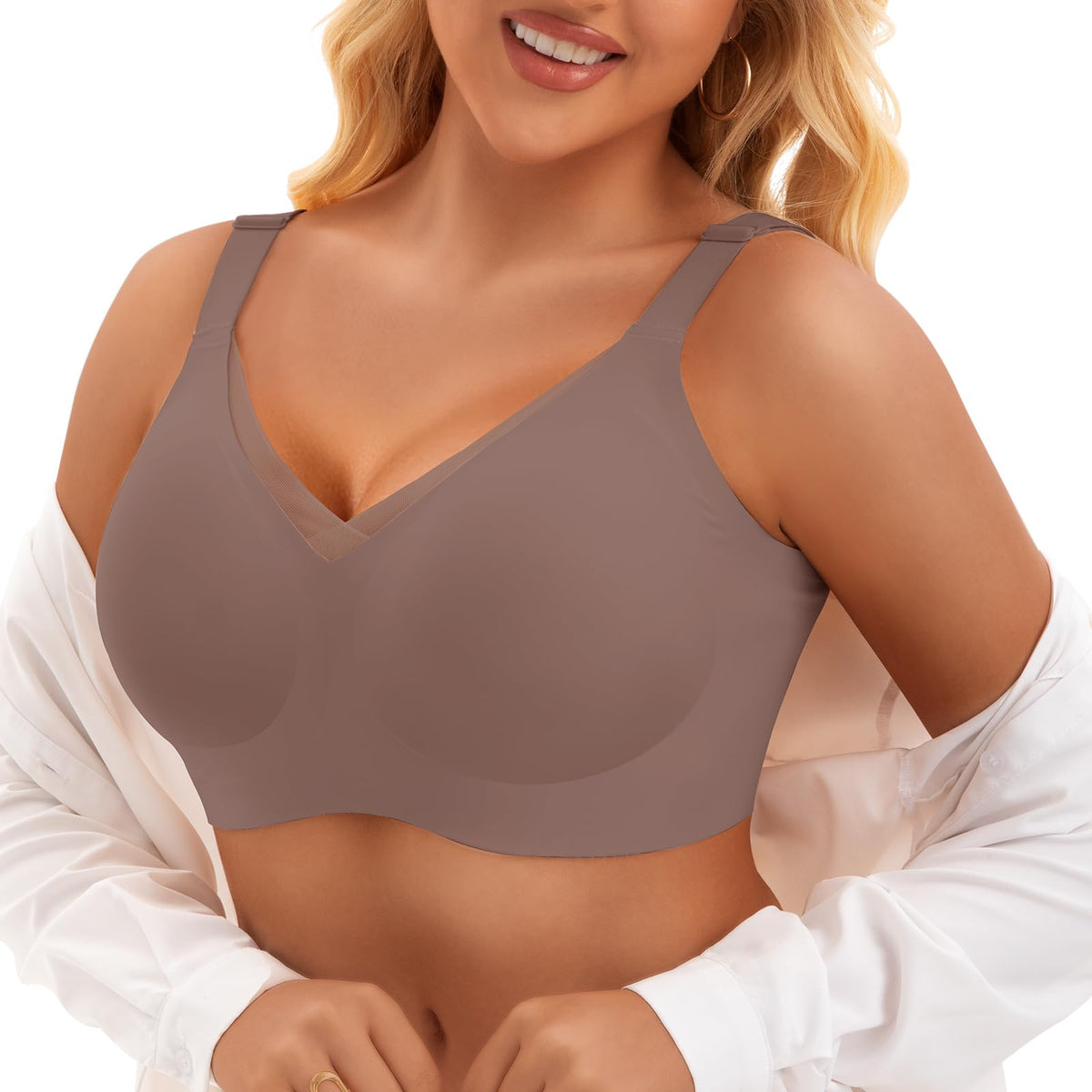 PoseFree Womens Wireless Bras Supportive Tshirt Bra No Underwire Seamless Push Up V Mesh Comfortable Bralette Everyday Bras Coffee XL