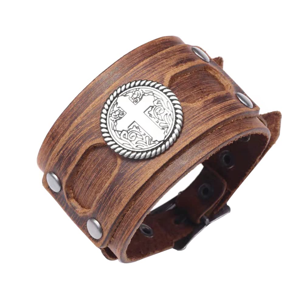 NIGHTCRUZ Wide Leather Bracelet with Cross, Medieval Leather Cuff Wristband for Mens