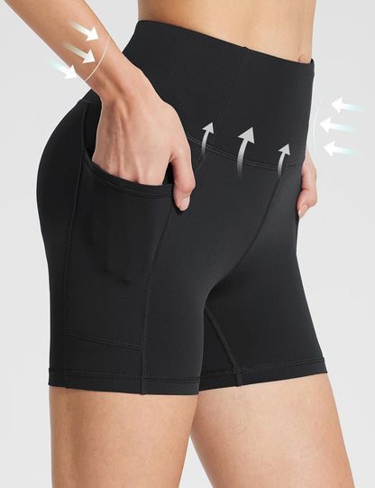 baleaf Womens Spandex Shorts 5" High Waisted Biker Workout Lycra Compression Shorts with Pockets Black L