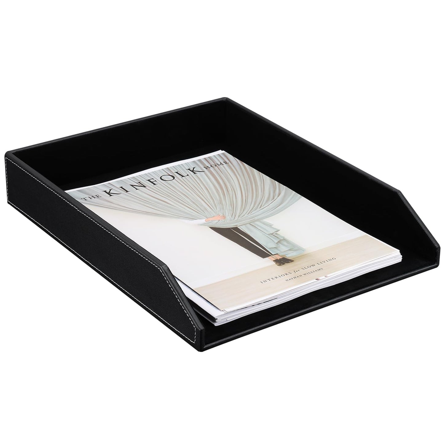 KINGFOM Letter Tray, PU Leather Paper Organizer Tray for Desk, Paper Organizer Storage Holder for Office Home or School A4 Size Black