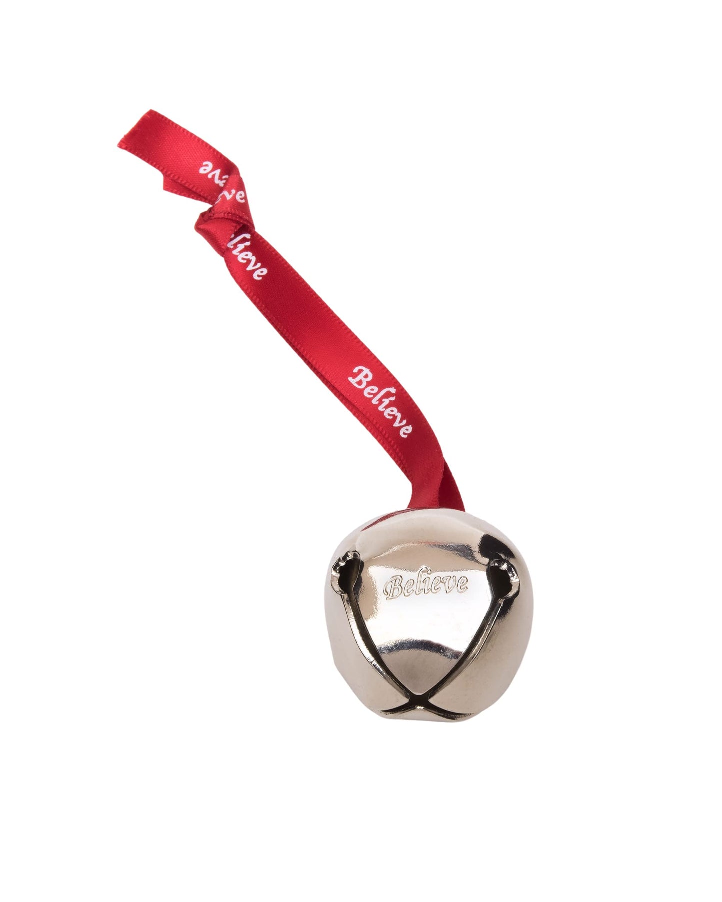 Bevin Bells Believe Sleigh Bells Ornament (3-Pack) | 1.5" Made of Steel | Hanging Bells with a Red Satin Believe Ribbon & Red Velvet Bag | Great Tone | Xmas Gift or Stocking Stuffer | Made in USA