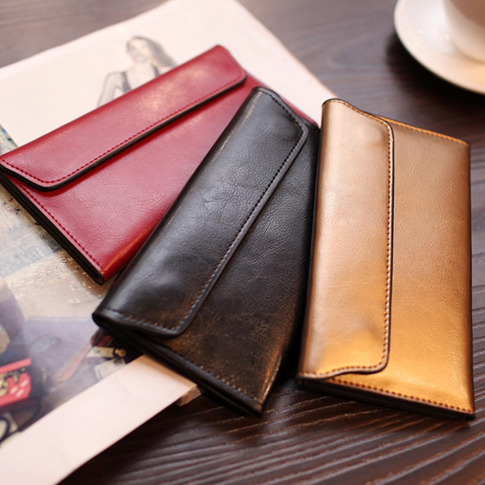 Retro Leather Envelope Women's Phone Card Holder Wallet, Thin Large Capacity Multifunctiona Leather Wallet, Clutch Wallet for Mother's Day Thanksgiving Fashion Gift (Wine Red)