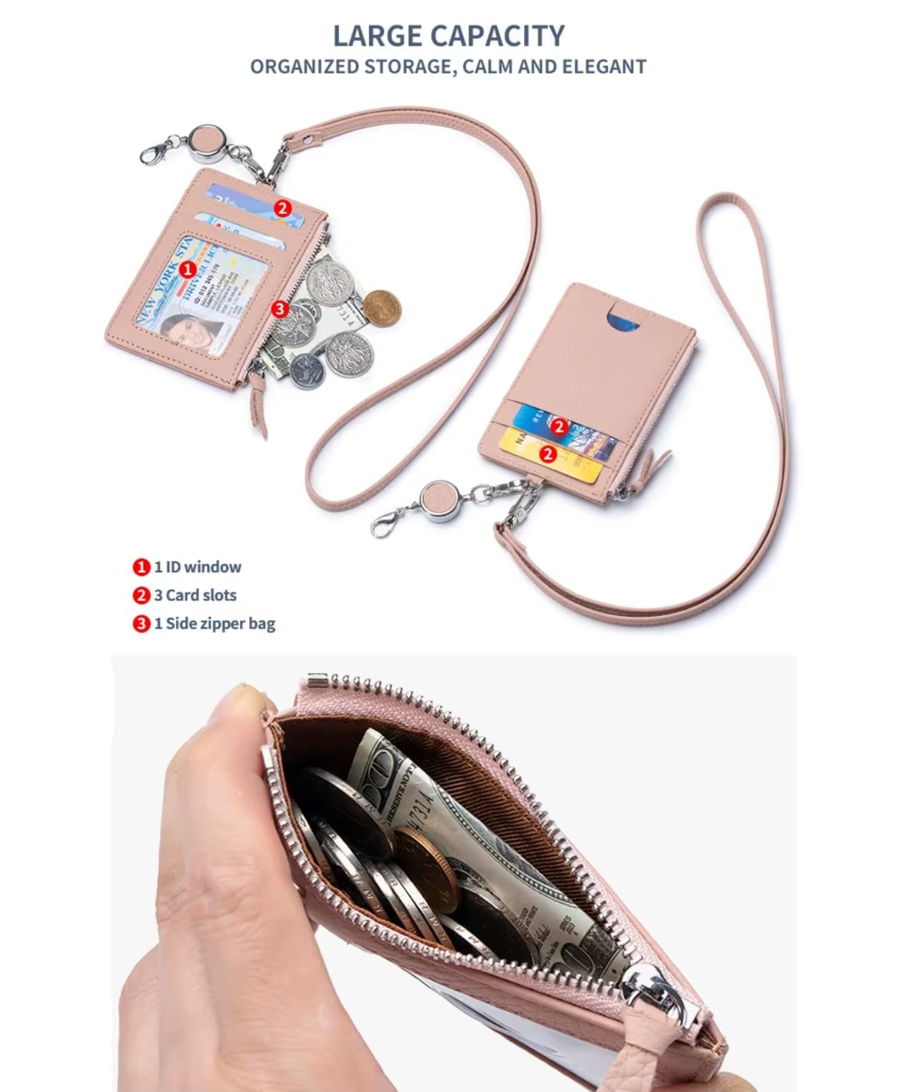 Genuine Real Leather ID Badge Holder with Lanyard & Retractable Reel, Card Holder Silver Metal Hardware Swivel Hook (Light Blue)