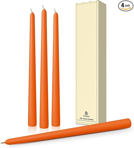 12-Inch Tall Dripless Taper Candles Set of 4 - Orange Tapered Candles, Perfect for Halloween,Fall - Smokeless, Unscented, Long Burning - Hand Poured, Colored Tall Candlesticks - Thanksgiving