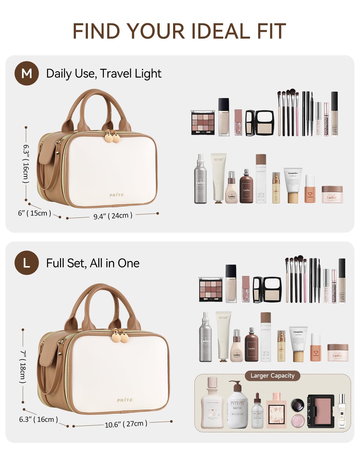 Prite Makeup Bag for Women, Large Capacity Waterproof Travel Cosmetic Organizer, Portable Open Flat Toiletry Bag with Free-standing Brush Holder and Handle(Beige Brown Large)