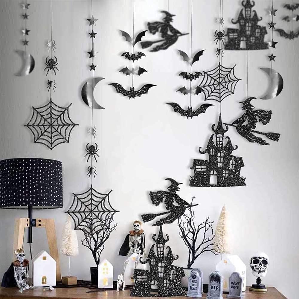 Cheerland Clearance Witch Decorations Gothic Hanging Banner Indoor Garland Glitter Black Decor Moon Star Glitter Garland Decoration Haunted House Witchcraft Decor Birthday Halloween Party Supplies