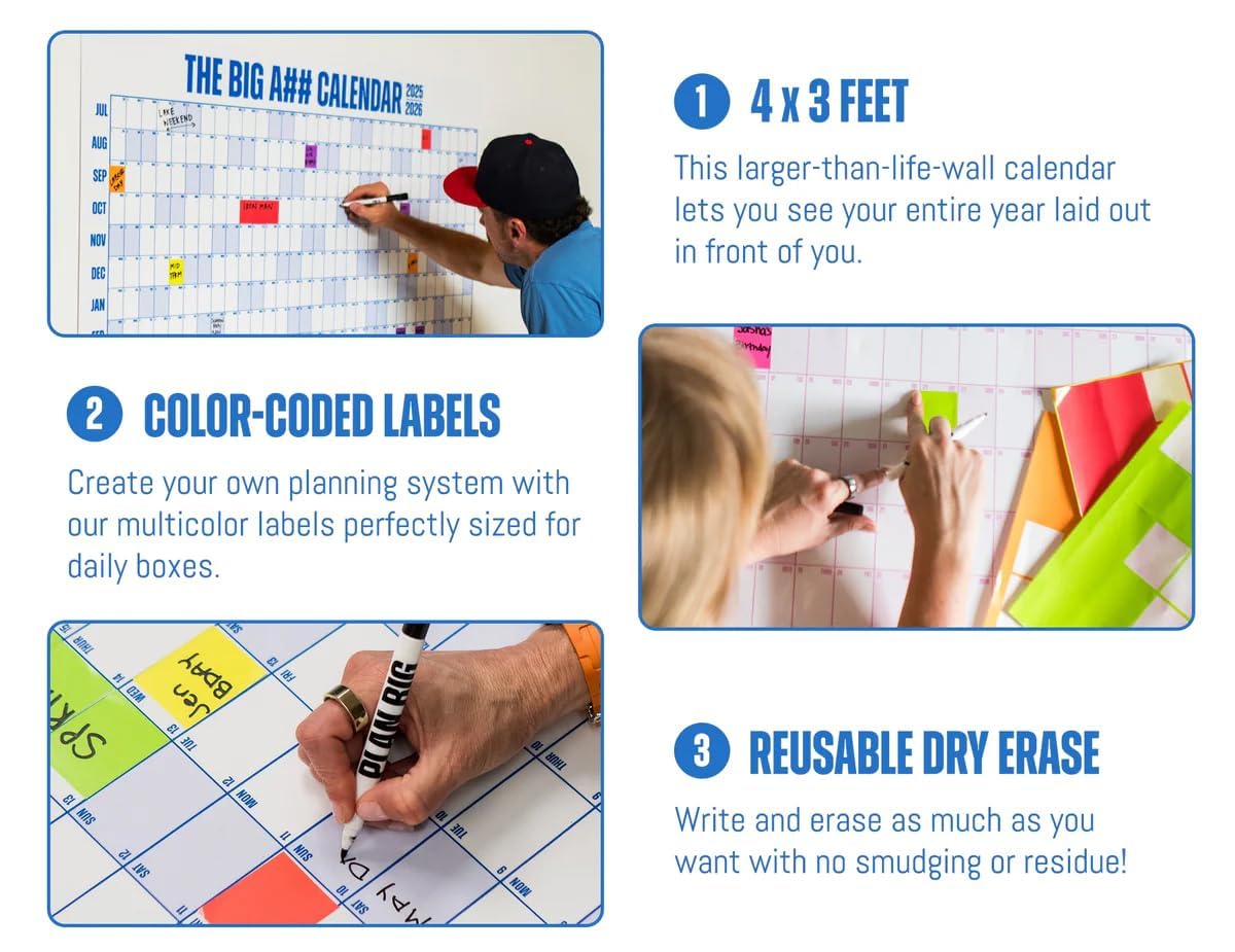 The Big A## Calendar Full-Year Wall Calendar – 2026 Dry-Erase – Includes 1 Marker & 100 Labels – Lightweight, Easy to Hang Yearly Calendar – Year at a Glance – Plan Big Goals & Adventures – Pink