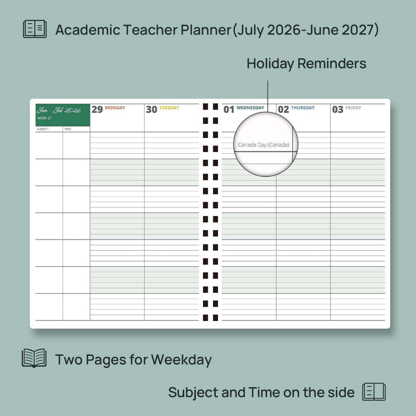 POPRUN Teacher Lesson Planner 2026-2027, (Letter Size - 8.5'' x 11'') Academic Planner July 2026 - June 2027 with Gradebook & Color Monthly Tabs, Thick Paper, 2-Sided Pocket, Leather Cover, Evergreen