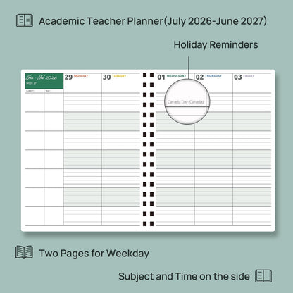 POPRUN Teacher Lesson Planner 2026-2027, (Letter Size - 8.5'' x 11'') Academic Planner July 2026 - June 2027 with Gradebook & Color Monthly Tabs, Thick Paper, 2-Sided Pocket, Leather Cover, Evergreen