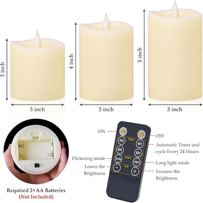 Realistic Flickering LED Flameless Candles with Timer - 3-Pack Battery-Powered Ivory Pillar Candles | Melt-Proof Plastic | Safe for Indoor/Outdoor Wedding, Birthday & Home Decor (3/4/5in Sizes)