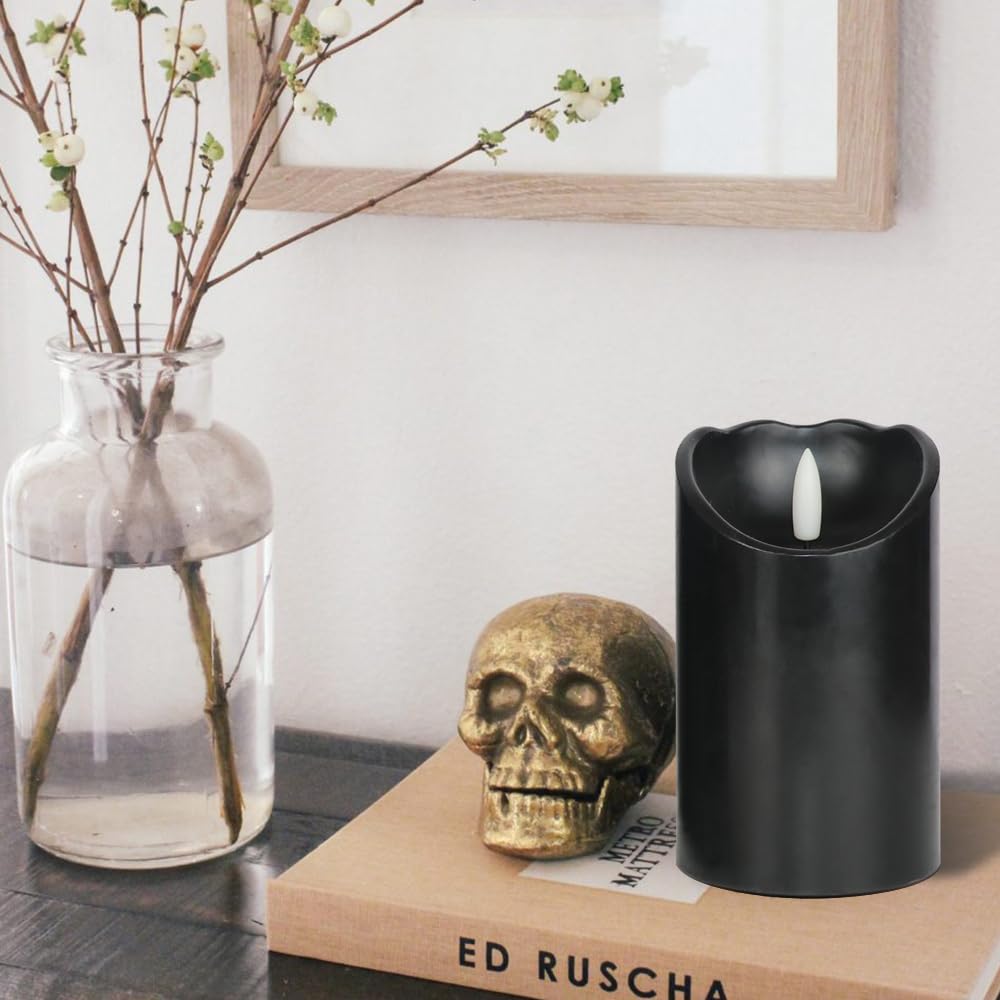 DRomance Black Flameless Pillar Candles with 6H Timer AAA Battery Powered Real Wax Wick Flickering LED Candles Hallloween Theme Home Decoration Candle 3 x 4, 5, 6 Inches