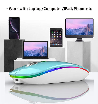 TENMOS Wireless Bluetooth Mouse, LED Slim (Bluetooth 5.1/5.0 + USB) 2.4GHz Rechargeable Silent Bluetooth Wireless Mouse with Type C Adapter for Laptop/MacBook/iPad OS 13 and Above (Matte Black)