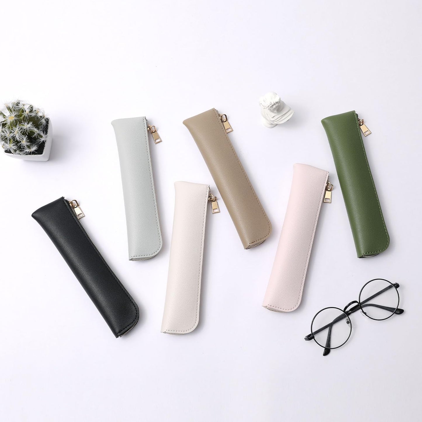 YONBEN Faux Leather Pencil Case Small Pencil Pouch Slim Pen Case Holder Zipper Bag for School Office(Black,Faux Leather)