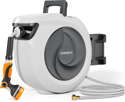 KOSOEUR Retractable Garden Hose Reel, 1/2 in x 65 ft Garden Hose Reel, Automatic Retractable Water Hose Wall Mount with 10 Pattern Nozzle, Slow Rewind System/Any Length Auto Lock 180° Swivel Bracket
