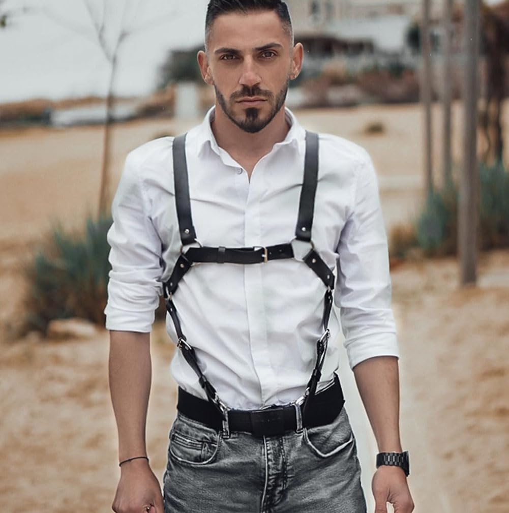 Mens Black Leather Armors Suspenders Shoulder Strap Body Chest Harness Chain Belt Adjustable Gay Punk Clubwear Costume