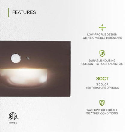 ASD LED Recessed Step Light Fixture, Dusk to Dawn Tread Lighting | 3CCT, Motion Sensor, Photocell, Waterproof, ETL Listed | 3W 120LM 3000K-5000K 120V | Staircase Illumination | Dark Bronze, 4 Pack