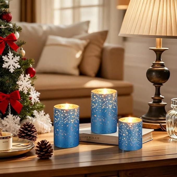 Flameless Blue Mercury Glass LED Pillar Candles with Remote and Timer, Battery Included, Flickering Warm White Light, Set of 3 for Christmas, Holiday, Home Décor, Weddings, Parties