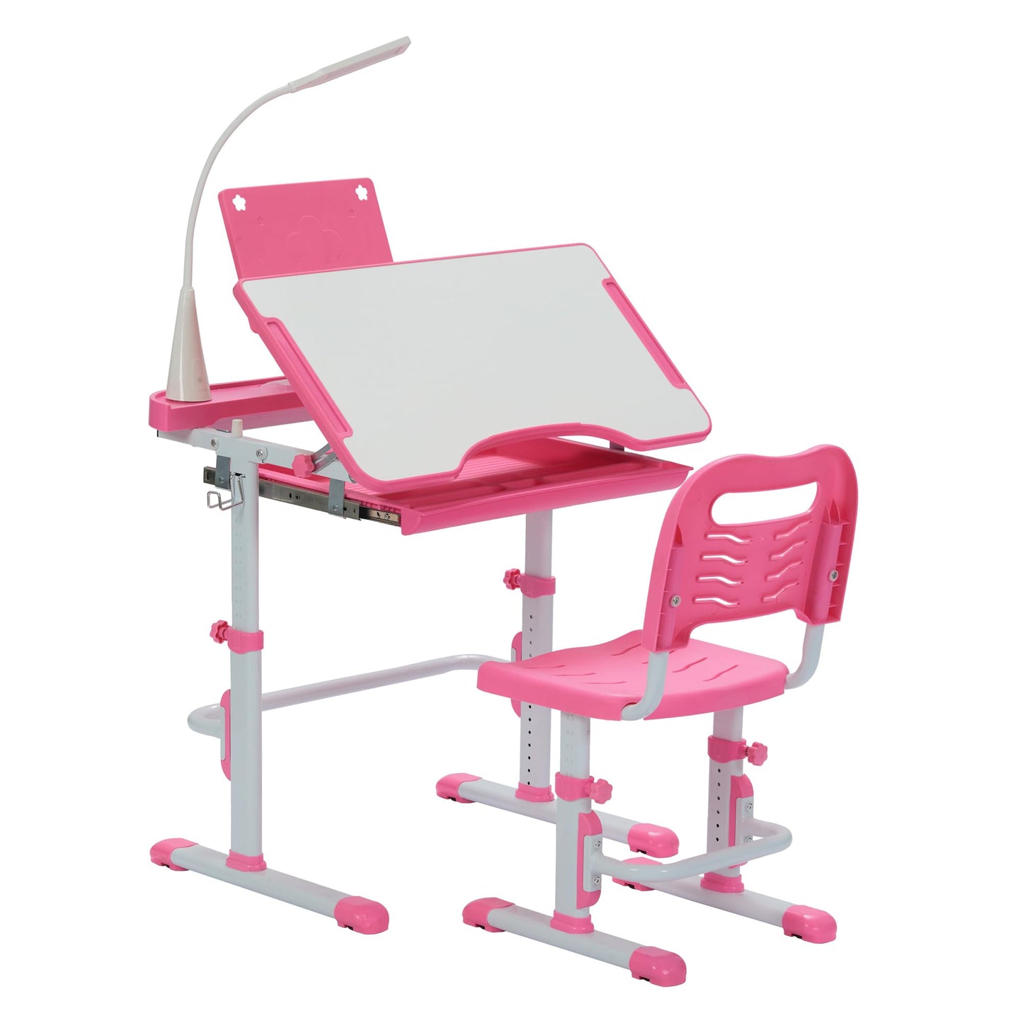 SMAGREHO Kids Desk and Chair Set, Height Adjustable Child's School Study Writing Tables with Tilt Desktop, LED Light, Storage Drawer, Book Stand (Pink)
