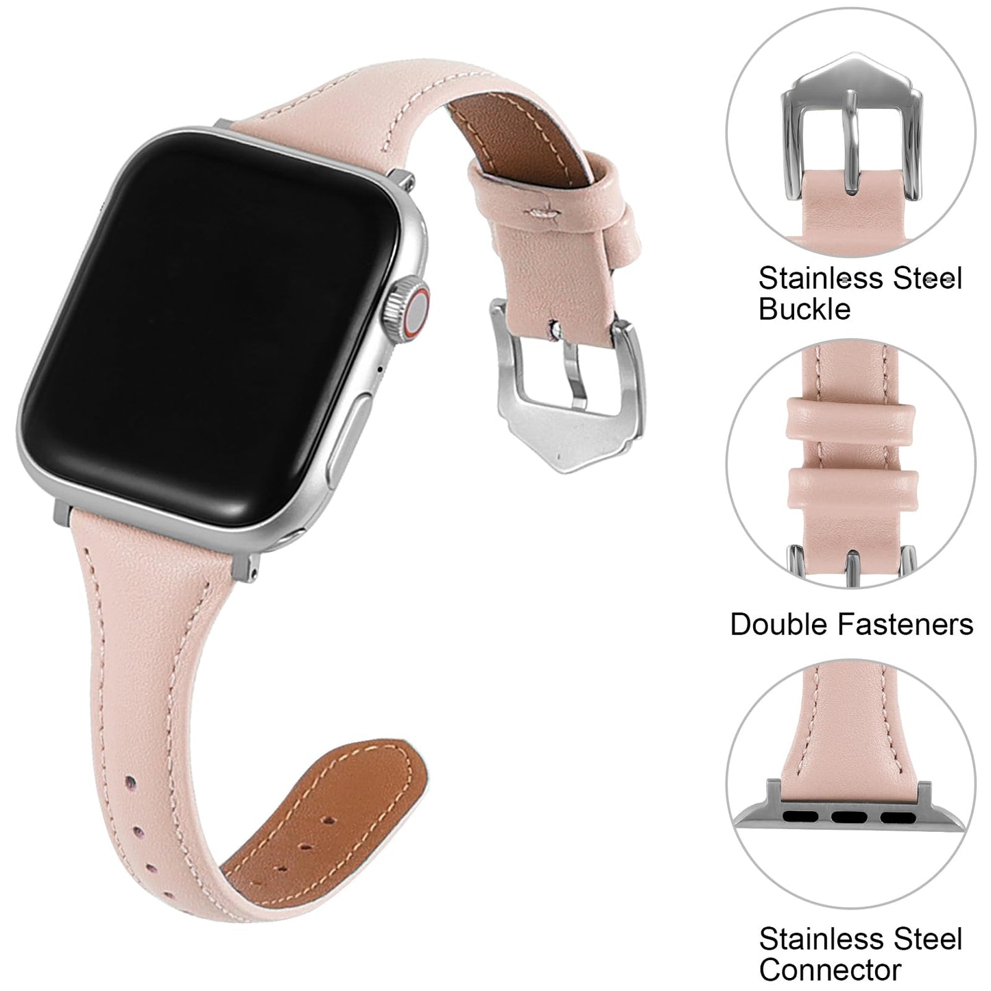 Slim Soft Genuine Leather Bands Compatible with Apple Watch Band 38mm 40mm 41mm 42mm for Women, Dressy Durable Leather Replacement Strap for iWatch SE1/2/3 11 10 9 8 7 6 5 4 3 2 1