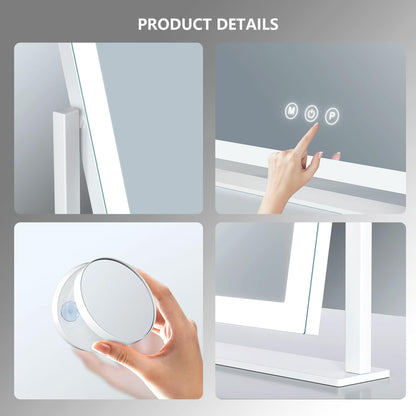 Lighted Makeup Mirror, 17.2"x13.6" Hollywood Vanity Mirror with Lights, Three Color Modes, Smart Touch Control, 360°Rotation,with 5X Magnifying Glass