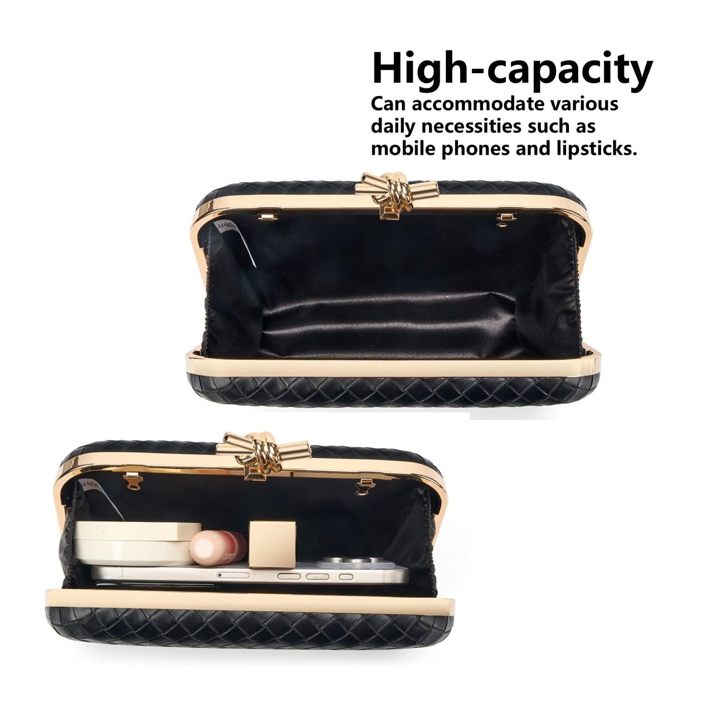 Gurina Elegant Woven PU Leather Clutch Purse for Women - Formal Evening Bags with Detachable Chain, for Weddings & Cocktail Parties (ZOOI Black)