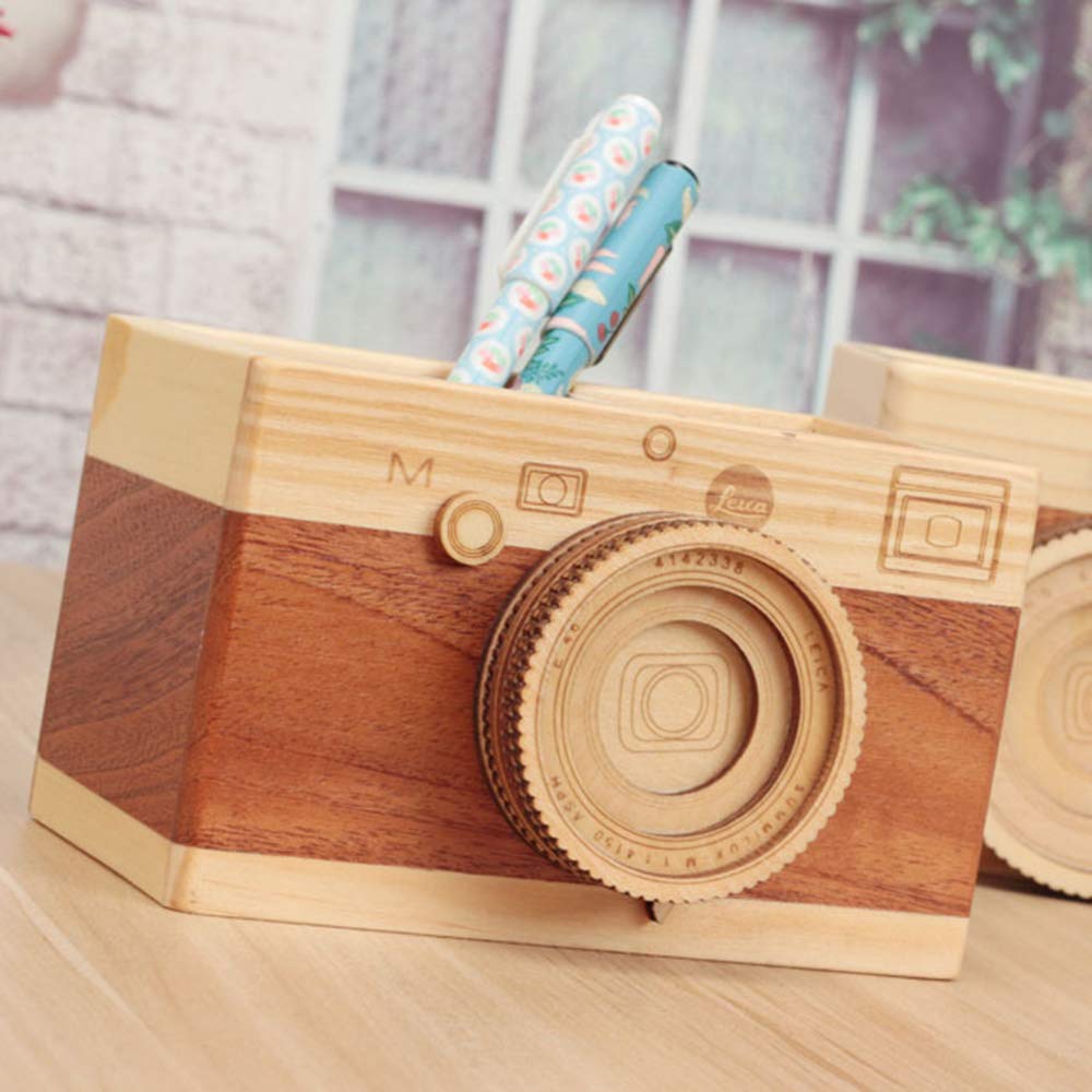 Leadigol Camera Wooden Pencil Holder,Desktop Pencil Holder Gift Makeup Organizer Double-layer Crafts Creative Camera Multi Purpose Use Desk Accessories