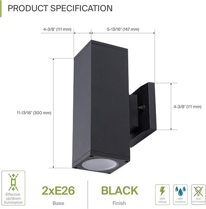 ASD 2 Light Square Outdoor Wall Light Fixture | 120W E26 Socket 120V ETL Cylinder Up Down Lights | LED/CFL/Incandescent Bulb Exterior Wall Sconce | Front Door, Porch, Patio | Black, 6 Pack