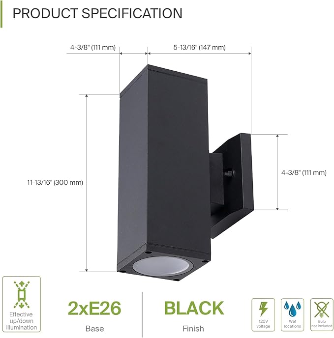 ASD 2 Light Square Outdoor Wall Light Fixture | 120W E26 Socket 120V ETL Cylinder Up Down Lights | LED/CFL/Incandescent Bulb Exterior Wall Sconce | Front Door, Porch, Patio Lighting | Black