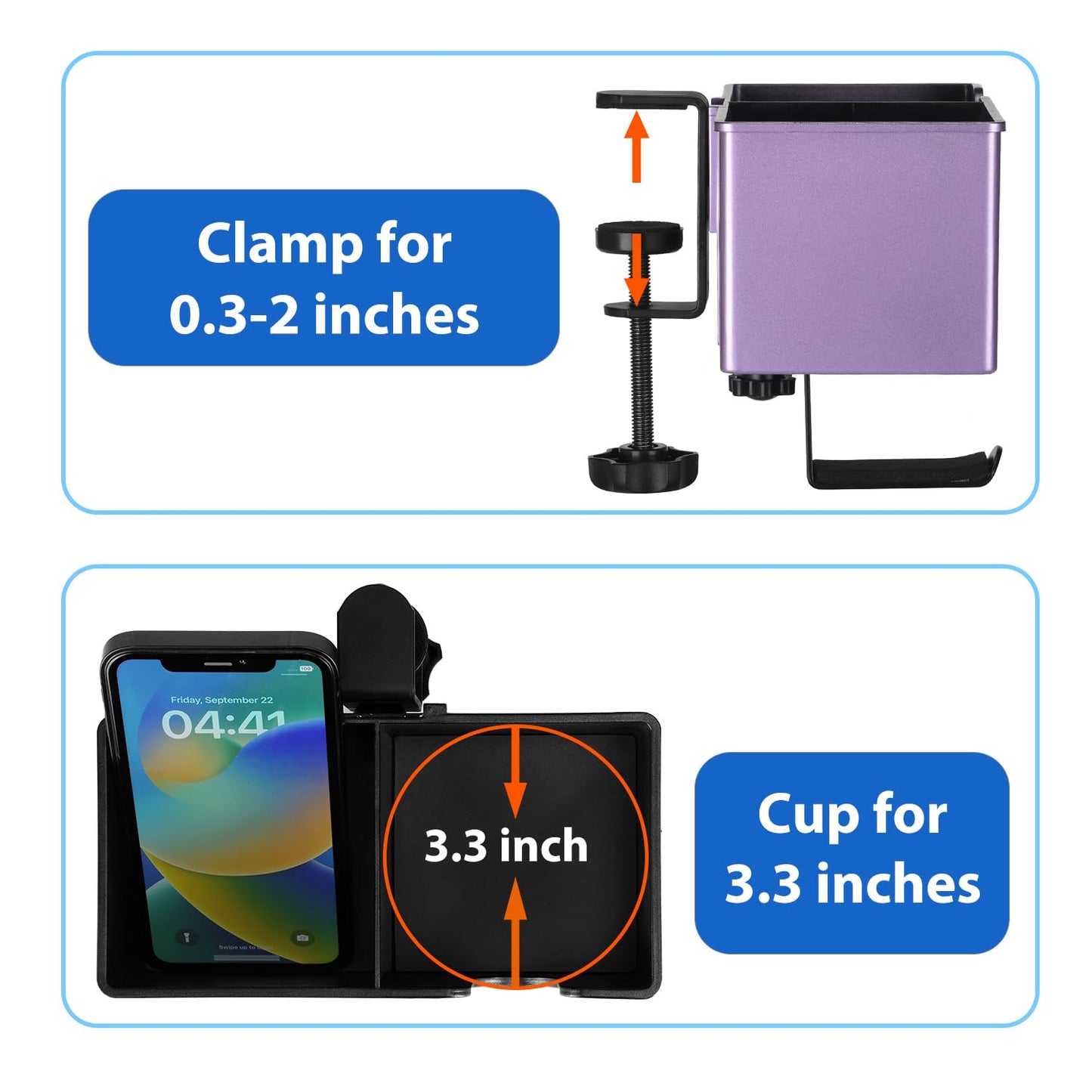 Rosyline 3-in-1 Desk Cup Holder & Clip-on Cup Holder, Clip on Desk Organizer – with Anti-Spill Function, Keeps Your Coffee, Headset, Phone & Pens Within Easy Reach, for Office Desk (Purple)
