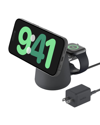 Belkin 2-in-1 MagSafe Wireless Charging Dock 15W Fast Charge iPhone Charger Compatible with iPhone 17, 16, 15, and 14 Series, AirPods, Pixel 10, and Other MagSafe Enabled Devices, PSU Included - Black