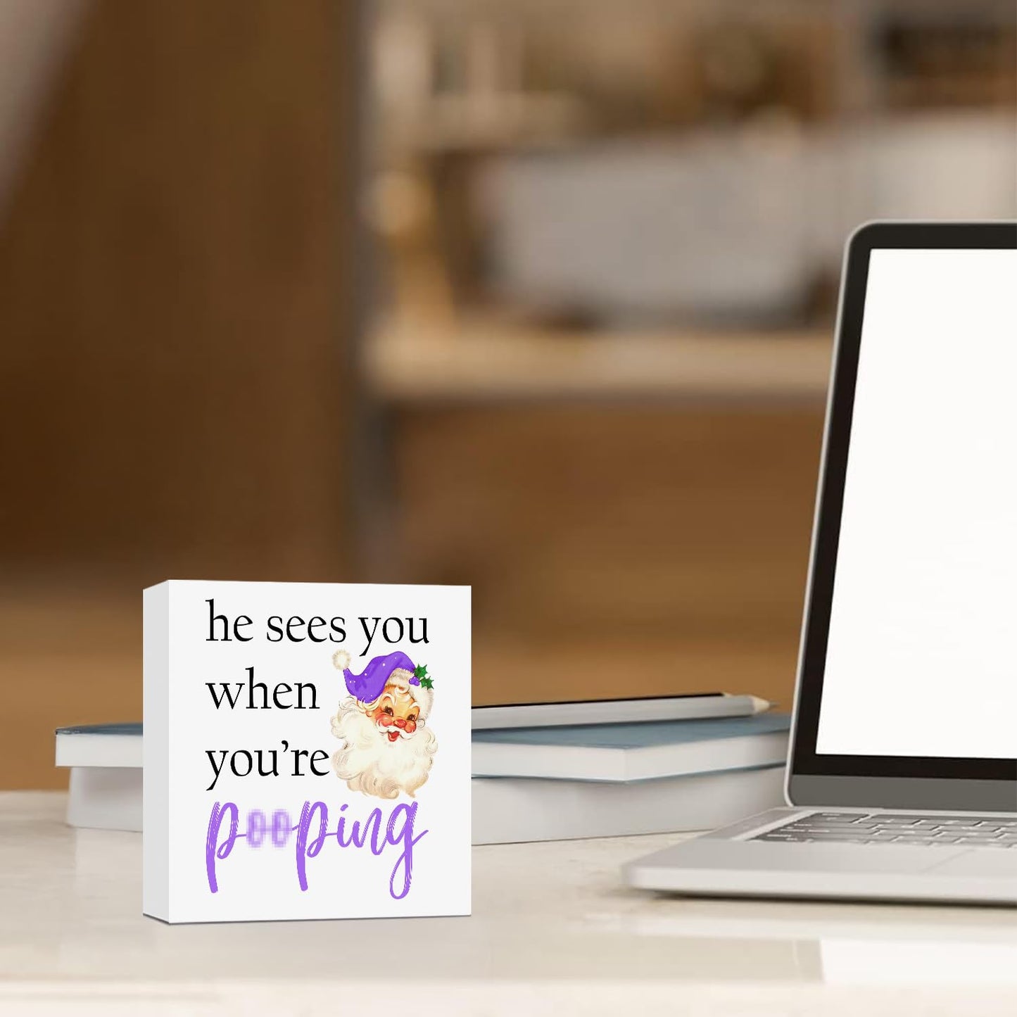 ATBWGT Funny Purple Christmas Santa Bathroom Wooden Box Sign,Santa Bathroom Decor,He Sees You When You're Pooping Wood Block Plaque Signs for Bath Room Toilet Washroom Shelf Counter Decor,5x5 Inch