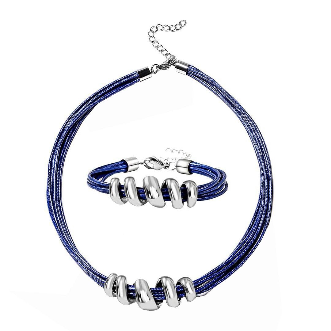 SHOP LC DELIVERING JOY Choker Necklace for Women 16" & Cuff Bracelet 7"- Cord Leather Necklace Set with Adjustable Lobster Claw Boho Jewelry Gifts - Blue