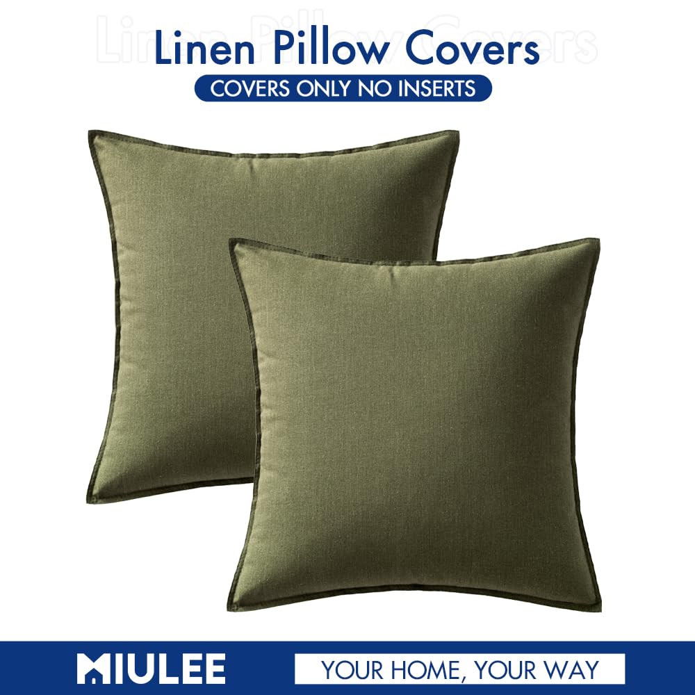 MIULEE 24x24 Inch Pack of 2 Decorative Linen Pillow Covers Boho Farmhouse Modern Soft Accent Euro Shams Throw Pillows for Bed Neutral Cushion Covers Sofa Couch Living Room Home Decor, Olive Green