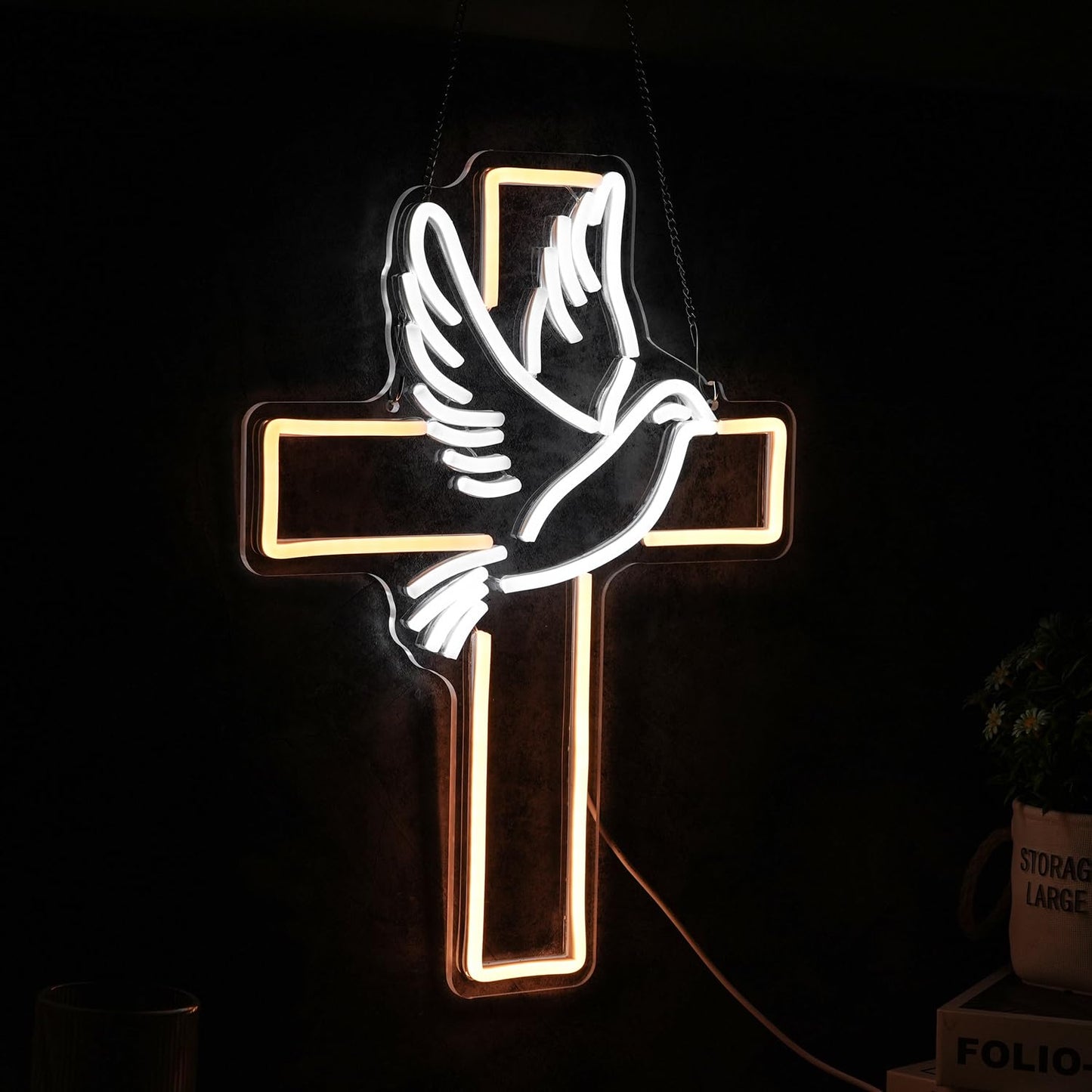Cross Neon Sign Dimmable Led Easter Cross Neon Light For Wall Decoration White Dove of Peace Neon Light Signs USB Powered Light Up Sign For Festival Party Wedding Home Decor