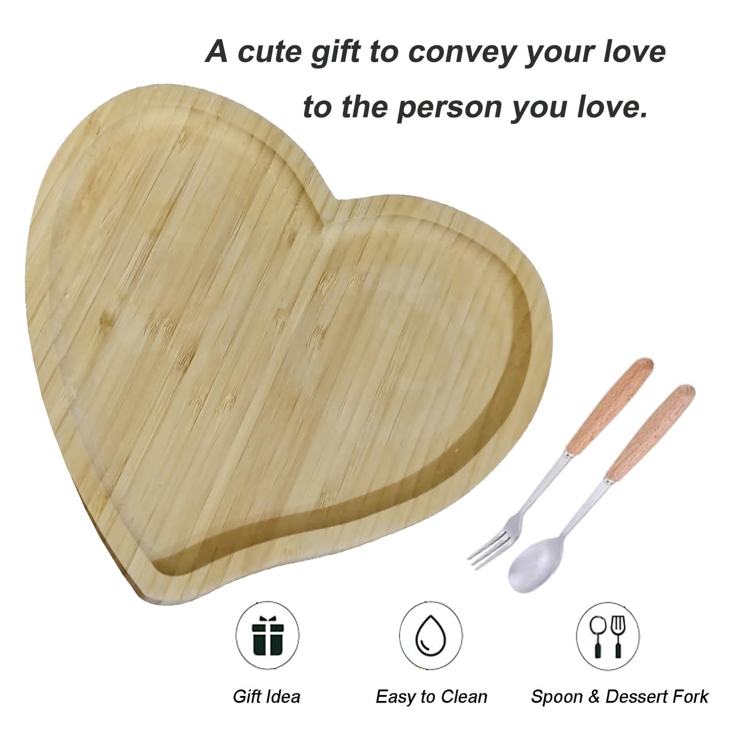 Heart Shaped Bamboo Wooden Serving Tray,Serving Platter & Jewelry Organizer Tray, Includes Coffee Spoon & Dessert Fork, for Home Restaurant Valentine Christmas Table Decor(9" x 8")
