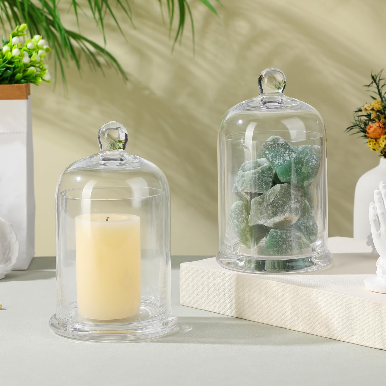Garneck 2 Sets Glass Cloche Candle Holder Bell Jar: Clear Dome Cover Transparent Candle Cup Display Case for Wedding Centerpiece Bar Cafe Home Table Decor Mini Plant Ornament