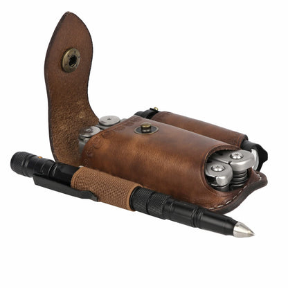 Leather EDC Belt Organizer - Handmade Multitool Sheath for Men, Tactical EDC Pouch with Flashlight Holder, Pen Holder & Belt Clip - Gifts for Men, Fits Folding Knife & Tools (Brown)