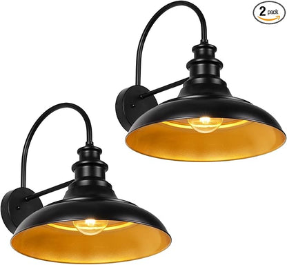 Outdoor Barn Light Fixtures, 16 Inch Large Dome Farmhouse Exterior Wall Mount Lights, Rustic Gooseneck Wall Sconces Indoor Wall Lighting, Industrial Black Gold Lanterns for Porch, Garage, 2 Pack