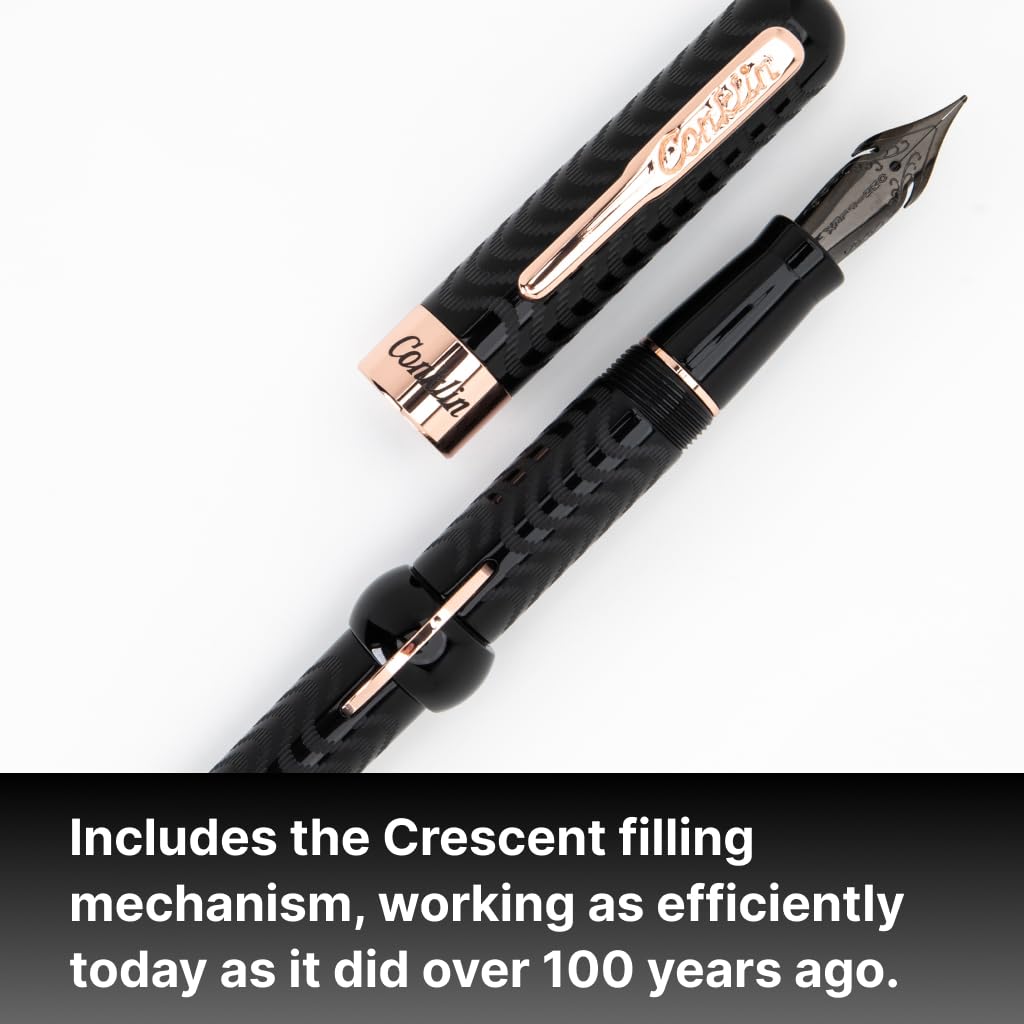 Conklin Mark Twain Crescent Filler Fountain Pen - Black Chase with 18 Karat Rose Gold Trim - Flex Nib