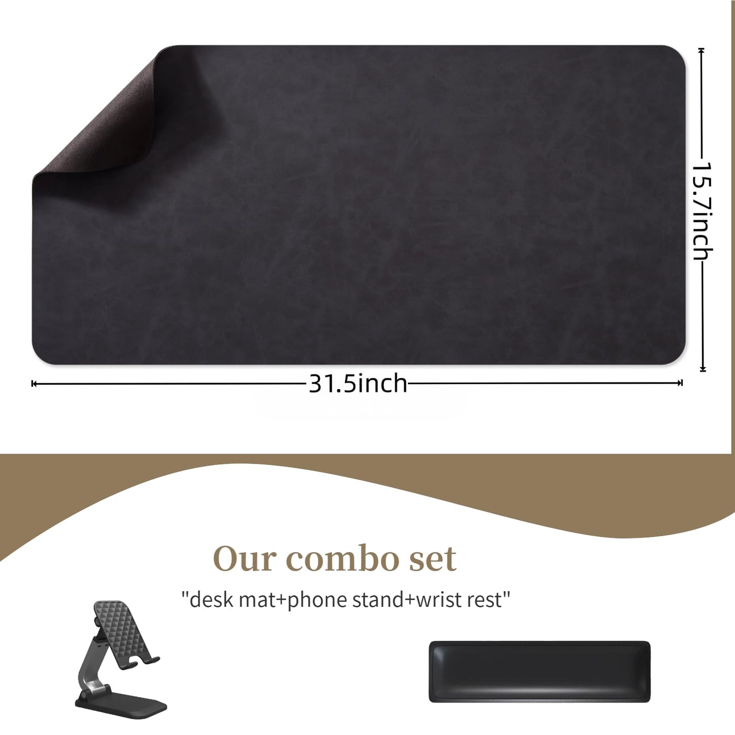Leather 15.7"x 31.5" Desk pad for Computer and laptops, Ideal for Gaming and Office use, Large Mouse pad and Keyboard mat,Desk mat Special for man. A complimentary Wrist pad and Phone Stand.(Black)
