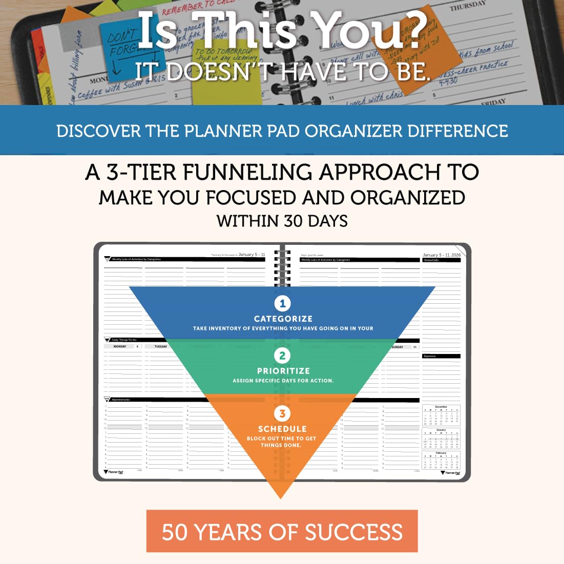 Planner Pad Spiral Bound January-December 2026/ Calendar Year 8 1/2" x 11" Large 3-Tier Funnel Down 12 Month Organizer, Black Cover/Black Ink