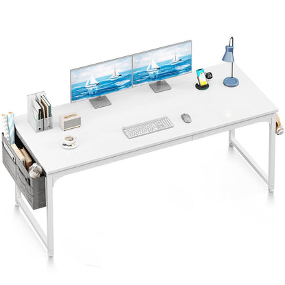 ODK Computer Desk Large Office Desk, 63 Inch Gaming Desk with Storage, Modern PC Work Table with Headphone Hook for Home Office, Splice Board, White + White Leg
